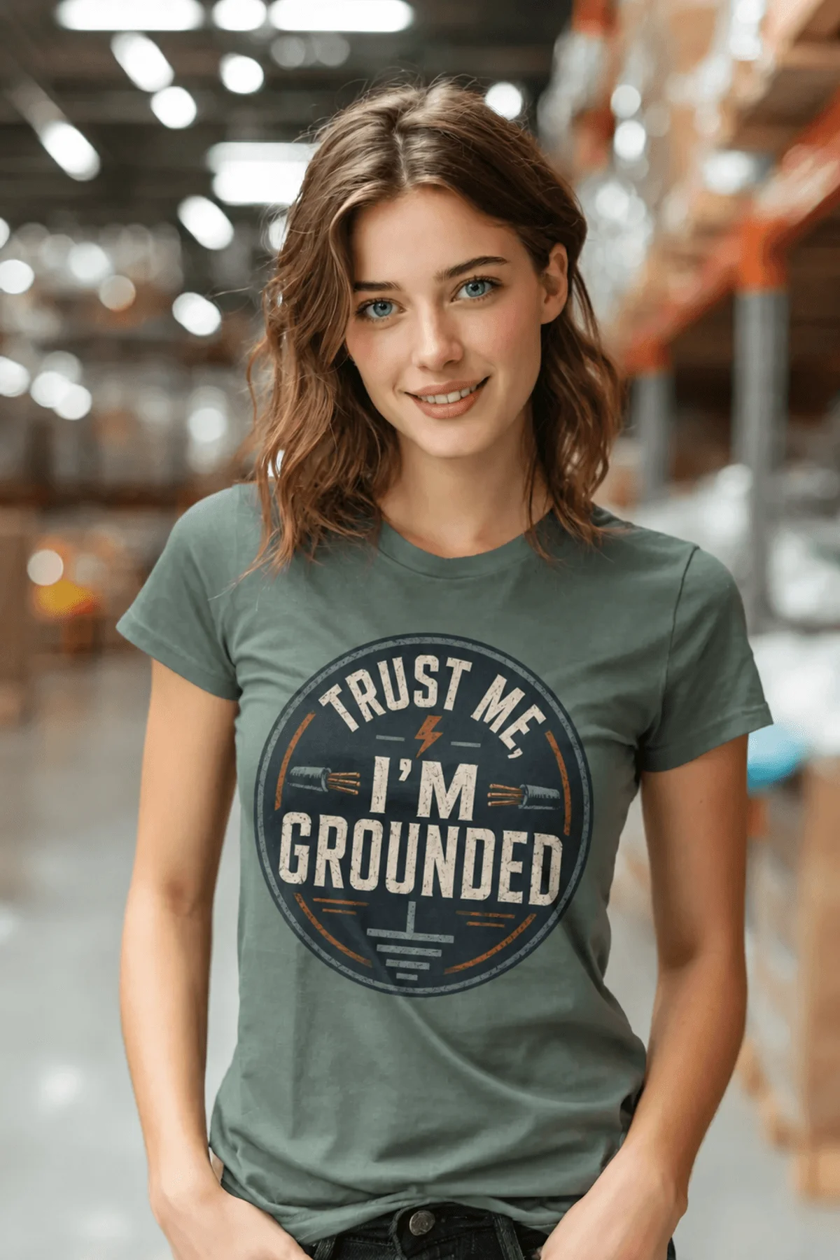 Grounded T‑Shirt – "Trust Me I'm Grounded" Electrical Tech Tee — blue-spruce t-shirt, model photo | Pressure Tested Co