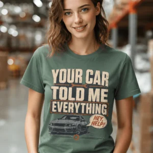 Mechanic T‑Shirt – "Your Car Told Me Everything" Vintage Graphic Design Tee — blue-spruce t-shirt, model photo | Pressure Tested Co