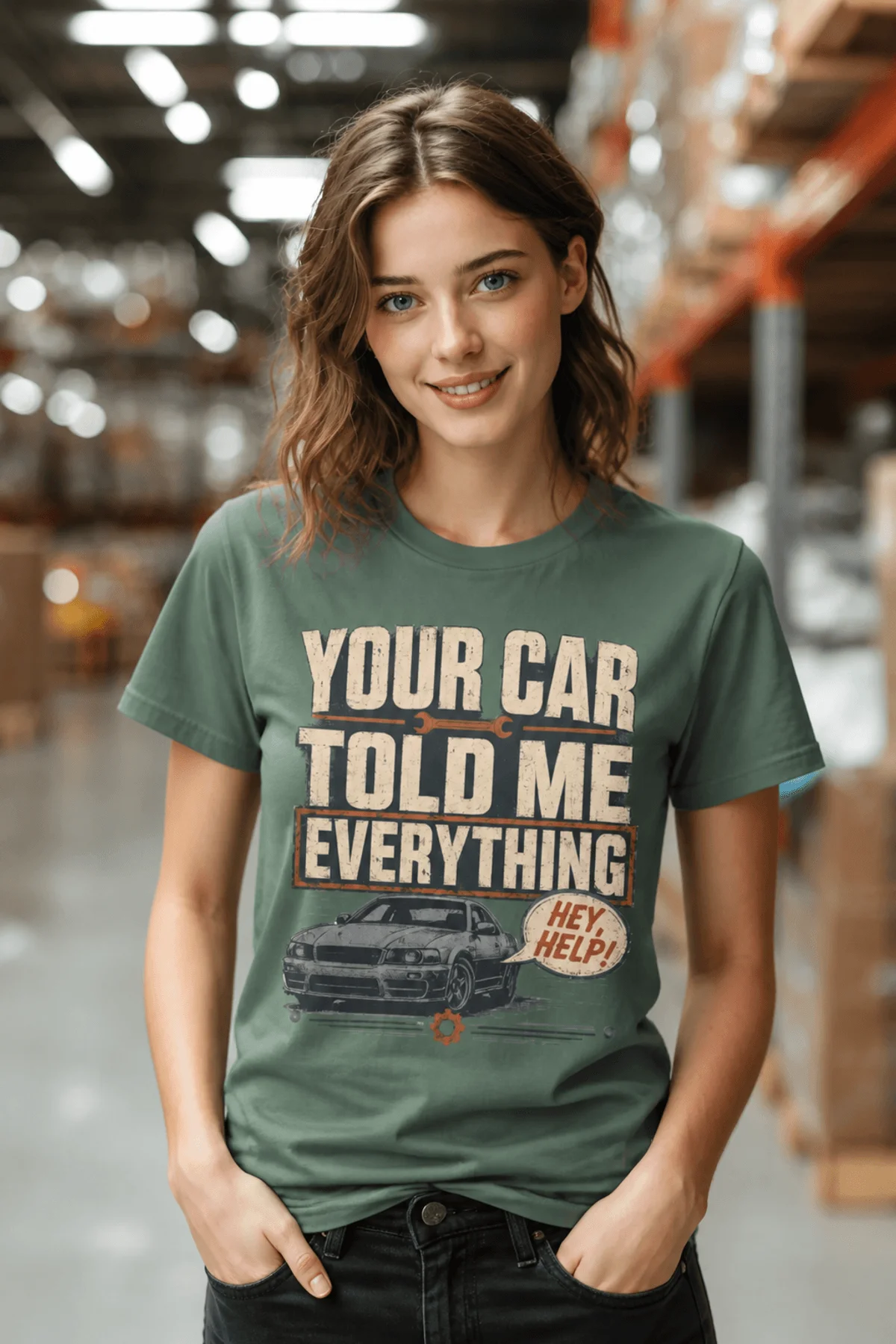 Mechanic T‑Shirt – "Your Car Told Me Everything" Vintage Graphic Design Tee — blue-spruce t-shirt, model photo | Pressure Tested Co