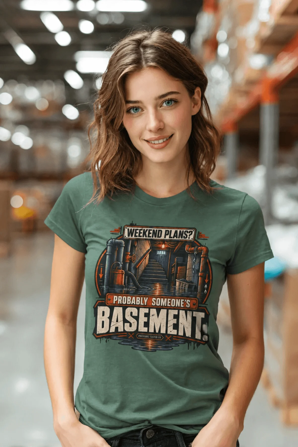 Plumber T‑Shirt – "Weekend Plans? Probably Someone's Basement" Vintage Graphic Design Tee — blue-spruce t-shirt, model photo | Pressure Tested Co