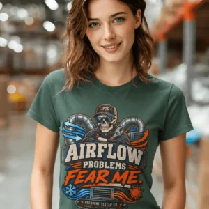 Airflow Problems Fear Me T-Shirt — HVAC Technician Skull Logo Tee — blue-spruce t-shirt, model photo | Pressure Tested Co