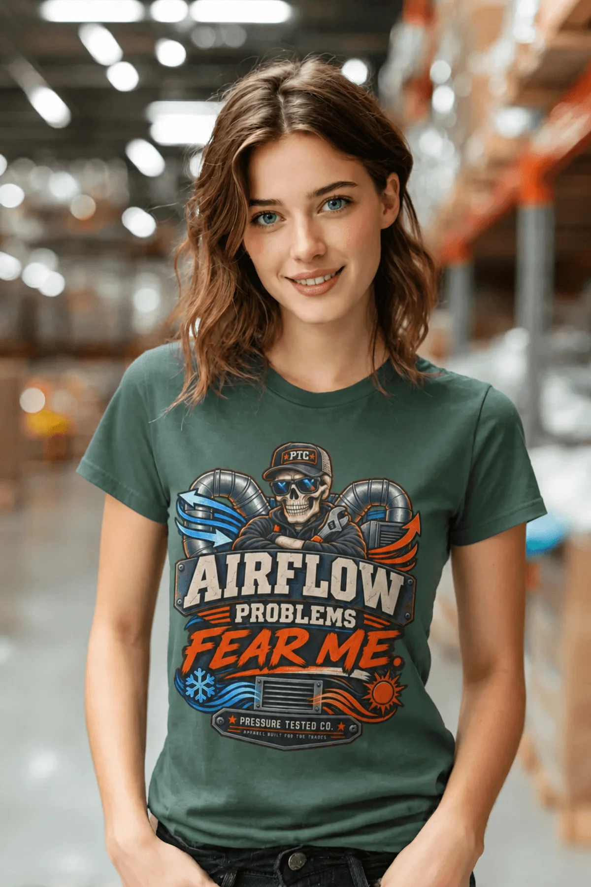 Airflow Problems Fear Me T-Shirt — HVAC Technician Skull Logo Tee — blue-spruce t-shirt, model photo | Pressure Tested Co