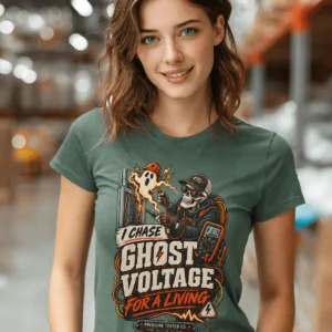 Ghost Voltage T-Shirt — 'I Chase Ghost Voltage for a Living' Vintage Electrician Tee — blue-spruce t-shirt, model photo | Pressure Tested Co