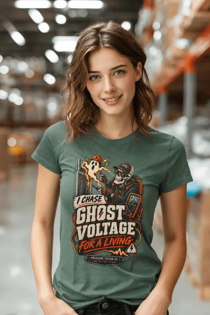 Ghost Voltage T-Shirt — 'I Chase Ghost Voltage for a Living' Vintage Electrician Tee — blue-spruce t-shirt, model photo | Pressure Tested Co
