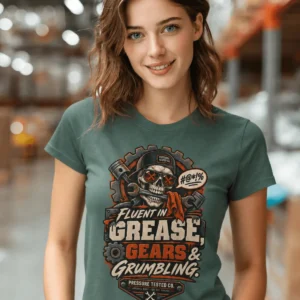 Mechanic Skull T-Shirt — "Fluent in Grease, Gears and Grumbling" Graphic Tee — blue-spruce t-shirt, model photo | Pressure Tested Co