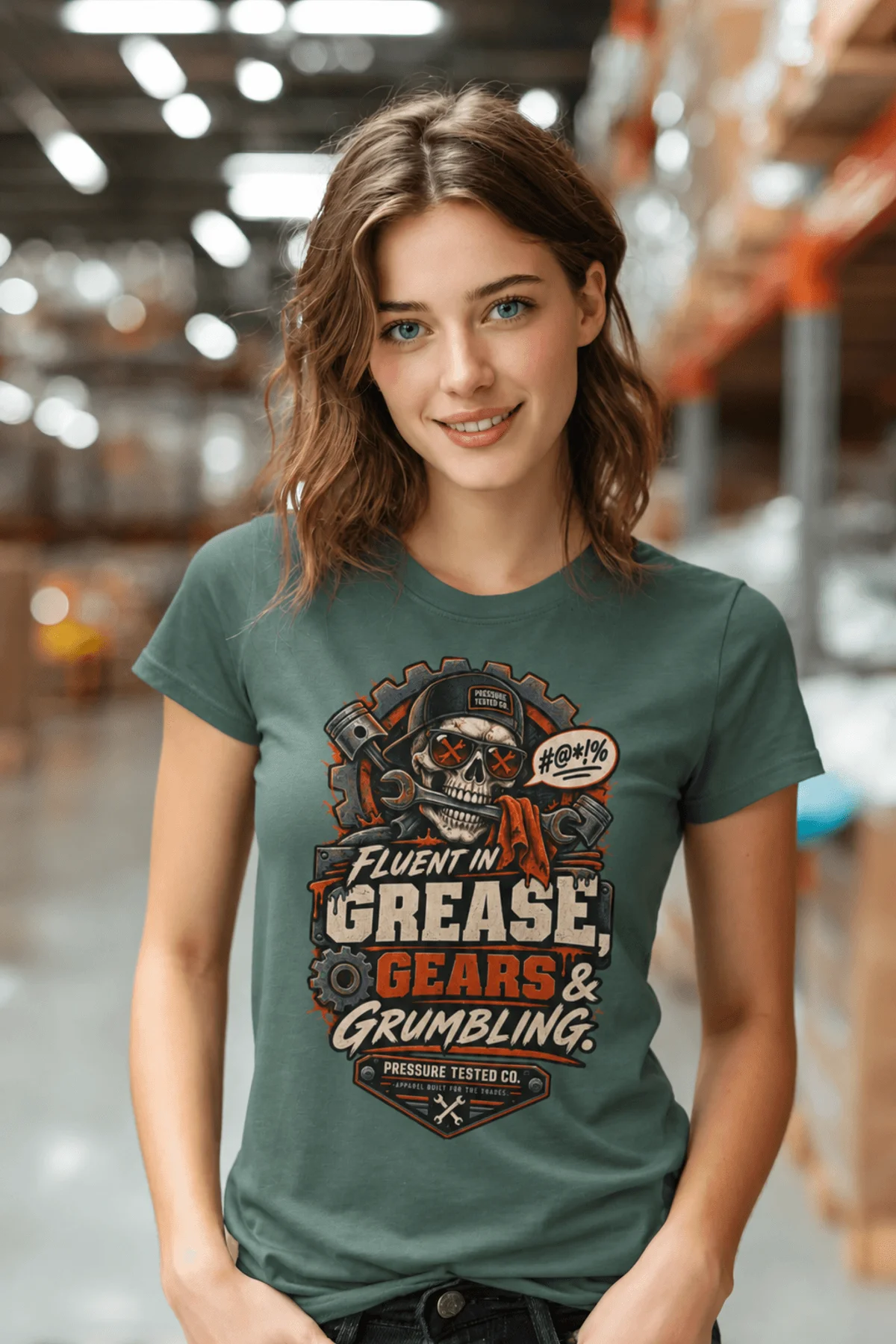 Mechanic Skull T-Shirt — "Fluent in Grease, Gears and Grumbling" Graphic Tee — blue-spruce t-shirt, model photo | Pressure Tested Co