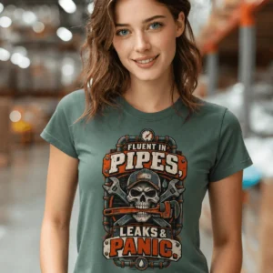 Plumber Skull T-Shirt — "Fluent in Pipes, Leaks and Panic" Workwear Tee — blue-spruce t-shirt, model photo | Pressure Tested Co