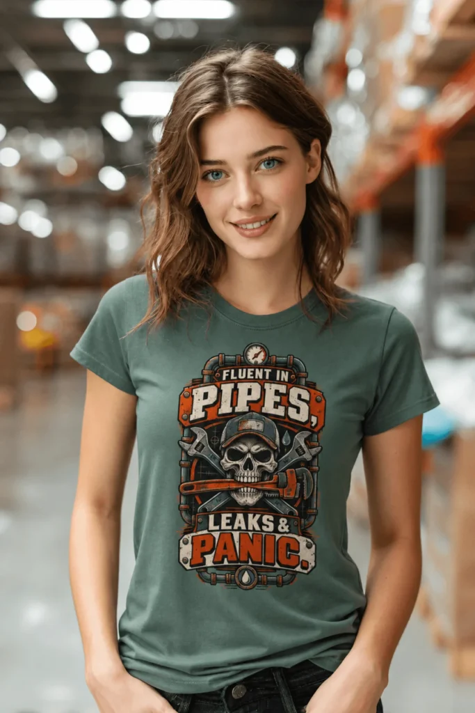 Plumber Skull T-Shirt — "Fluent in Pipes, Leaks and Panic" Workwear Tee — blue-spruce t-shirt, model photo | Pressure Tested Co