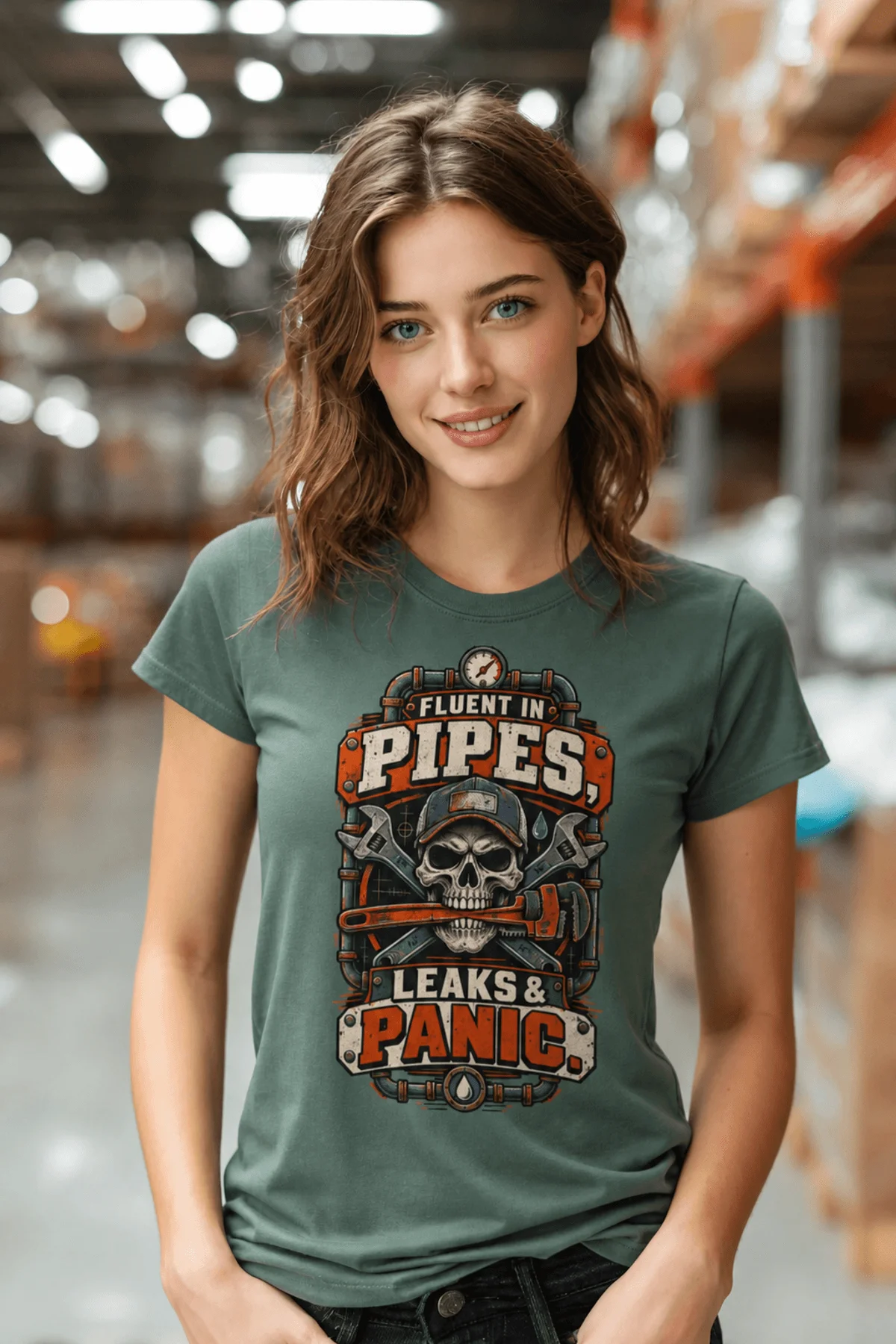 Plumber Skull T-Shirt — "Fluent in Pipes, Leaks and Panic" Workwear Tee — blue-spruce t-shirt, model photo | Pressure Tested Co