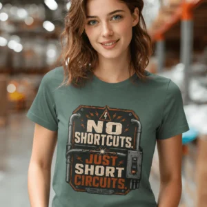 No Shortcuts Just Short Circuits T-Shirt — Funny Retro Industrial Electrician Tee — blue-spruce t-shirt, model photo | Pressure Tested Co