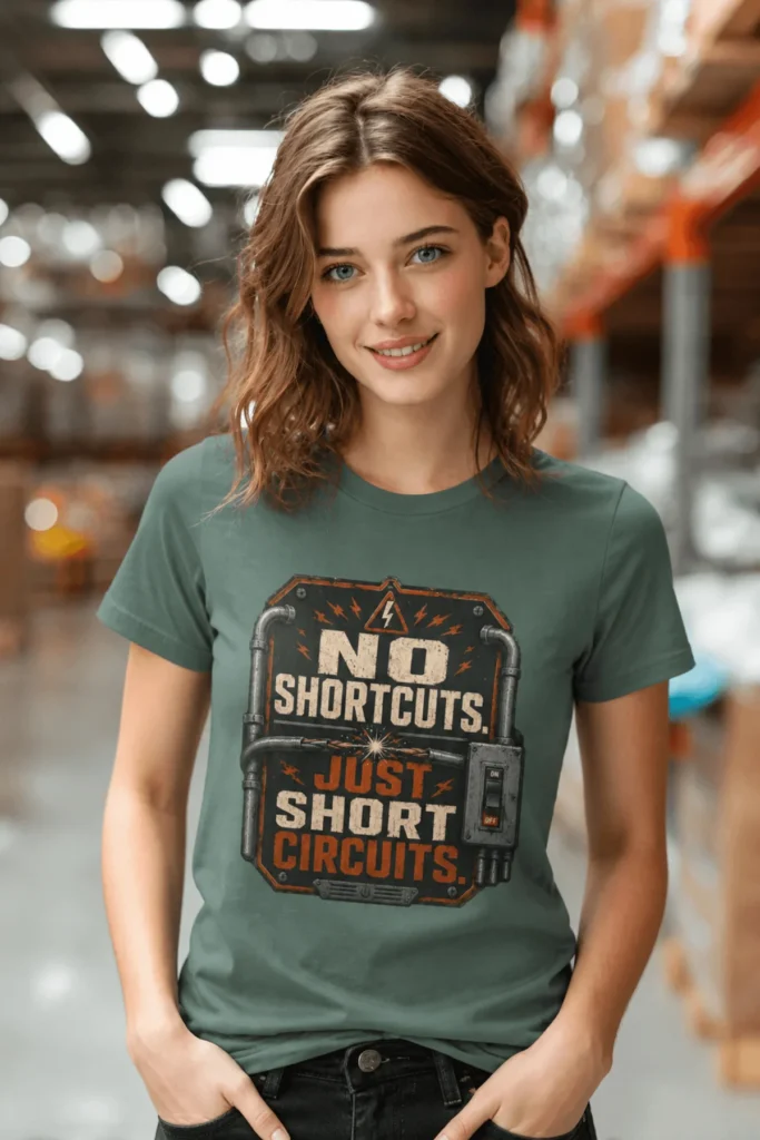 No Shortcuts Just Short Circuits T-Shirt — Funny Retro Industrial Electrician Tee — blue-spruce t-shirt, model photo | Pressure Tested Co
