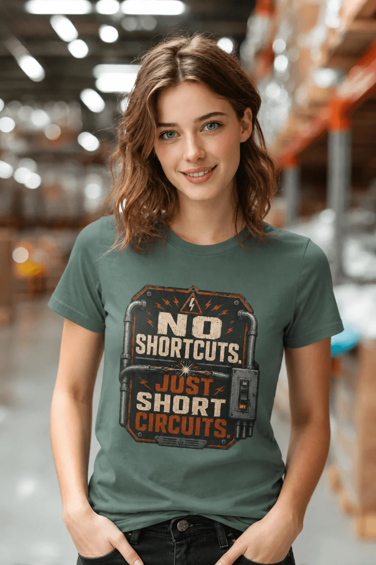 No Shortcuts Just Short Circuits T-Shirt — Funny Retro Industrial Electrician Tee — blue-spruce t-shirt, model photo | Pressure Tested Co