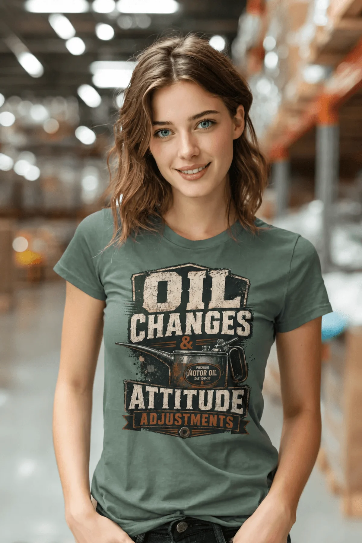 'Oil Changes and Attitude Adjustments' T-Shirt — Funny Retro Industrial Mechanic's Tee — blue-spruce t-shirt, model photo | Pressure Tested Co