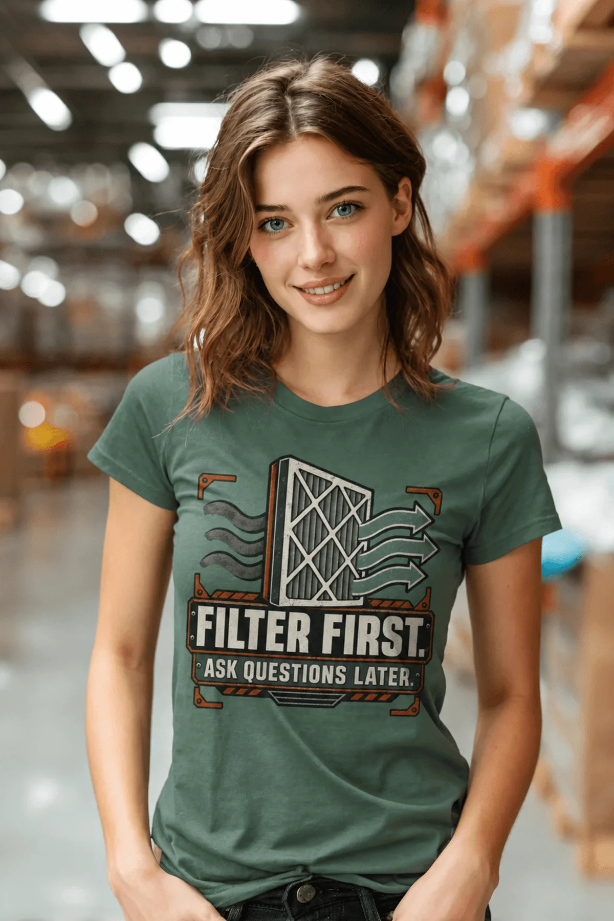 T-Shirt — "Filter First. Ask Questions Later." HVAC Air Filter Graphic — blue-spruce t-shirt, model photo | Pressure Tested Co