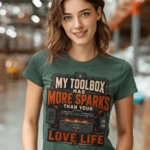 T-Shirt — "My Toolbox Has More Sparks Than Your Love Life" Electrician/Mechanic Workshop Tee — blue-spruce t-shirt, model photo | Pressure Tested Co