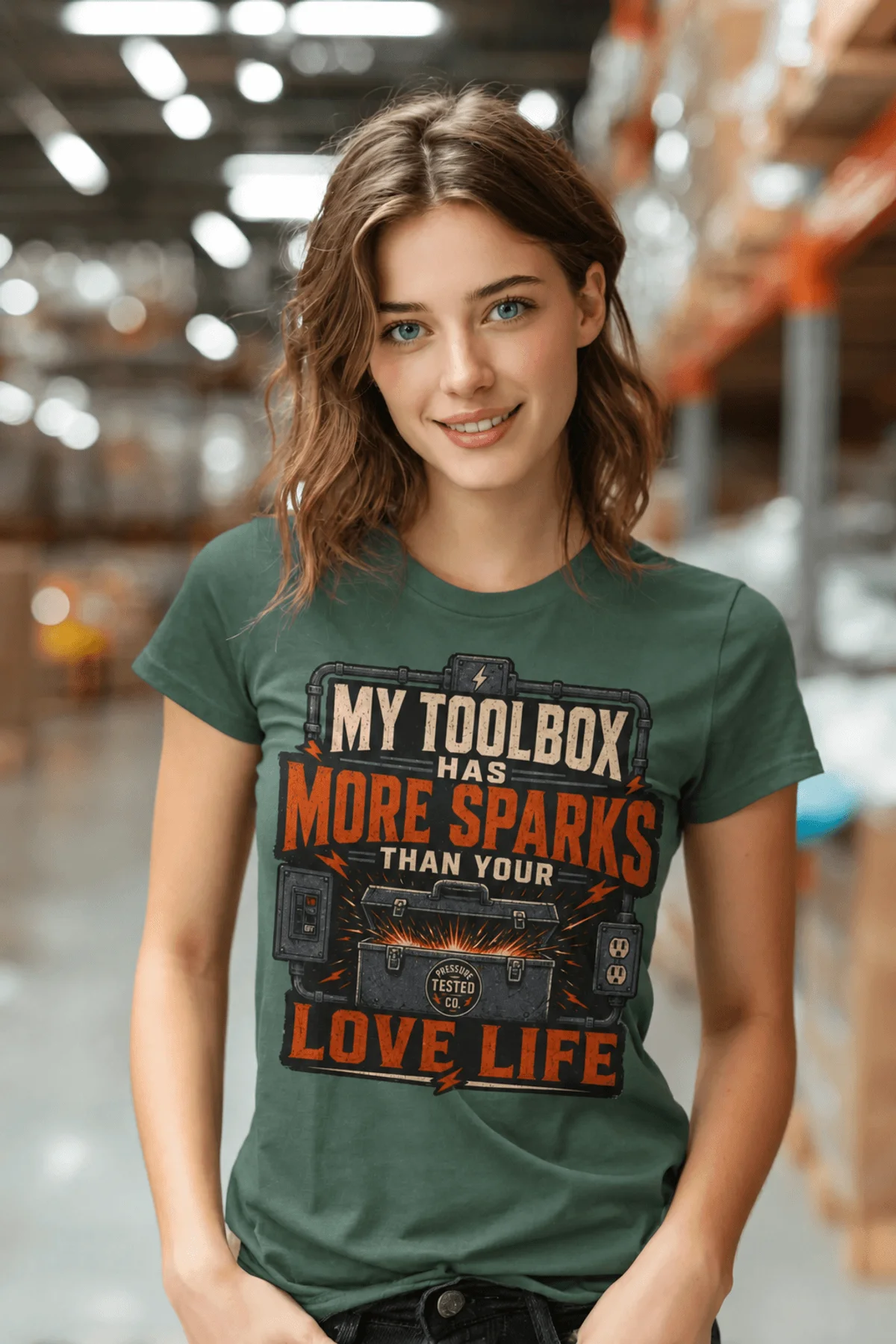 T-Shirt — "My Toolbox Has More Sparks Than Your Love Life" Electrician/Mechanic Workshop Tee — blue-spruce t-shirt, model photo | Pressure Tested Co