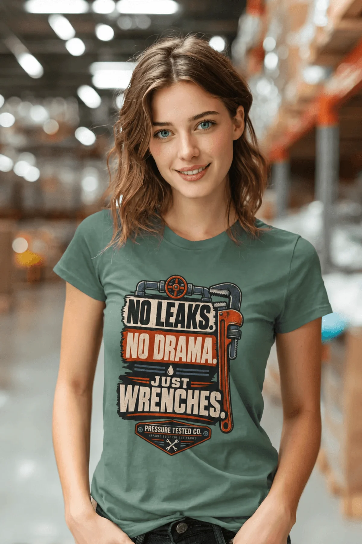"No Leaks, No Drama, Just Wrenches" Vintage Plumbing Tee — blue-spruce t-shirt, model photo | Pressure Tested Co