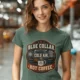 'Blue Collar. Cold Air. Hot Coffee.' T-Shirt — Funny Retro Industrial HVAC Tee — blue-spruce t-shirt, model photo | Pressure Tested Co