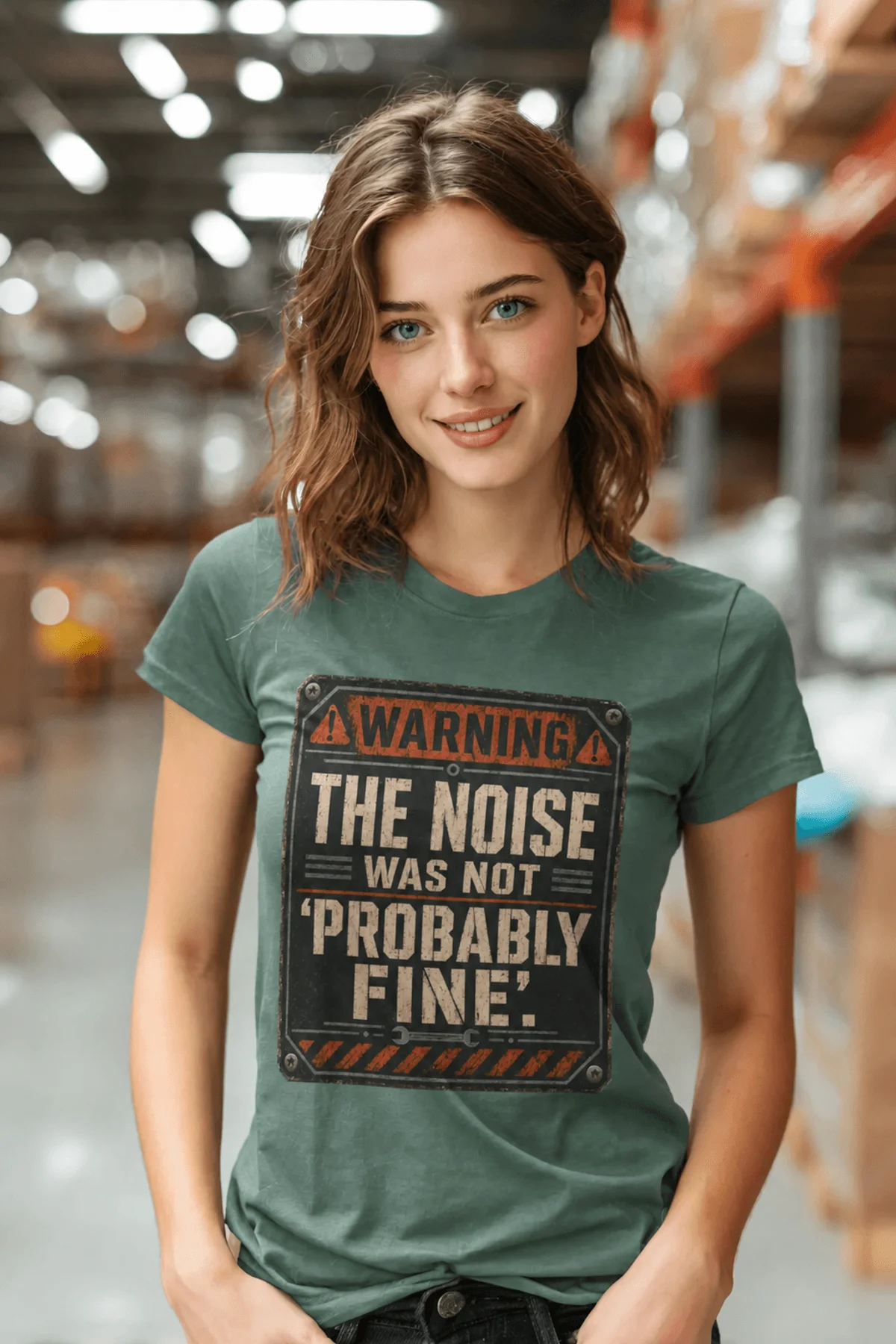 Warning Sign T-Shirt — "The Noise Was Not 'Probably Fine'" Vintage Graphic Tee — blue-spruce t-shirt, model photo | Pressure Tested Co
