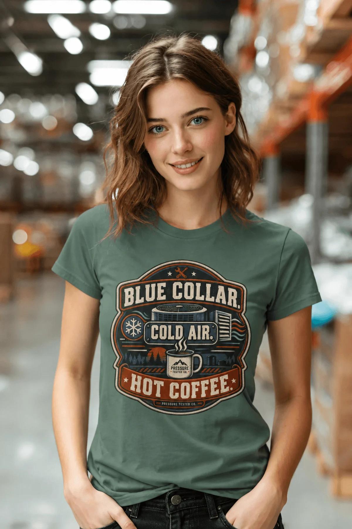 'Blue Collar. Cold Air. Hot Coffee.' T-Shirt — Funny Retro Industrial HVAC Tee — blue-spruce t-shirt, model photo | Pressure Tested Co