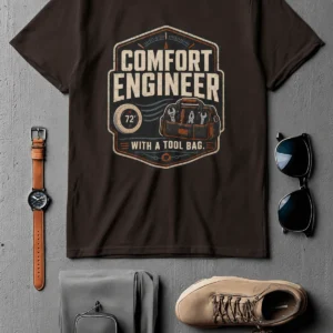 HVAC Tech T-Shirt — "Comfort Engineer" Vintage Tee with a Tool Bag — brown t-shirt, flat-lay product photo | Pressure Tested Co