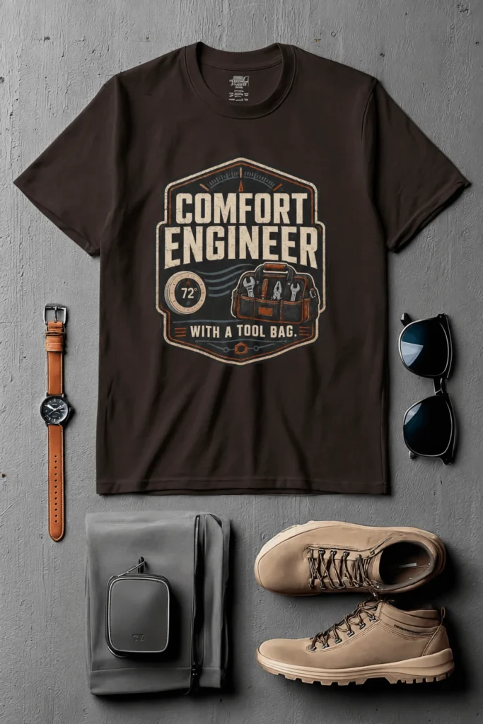 HVAC Tech T-Shirt — "Comfort Engineer" Vintage Tee with a Tool Bag — brown t-shirt, flat-lay product photo | Pressure Tested Co