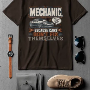 Mechanic Tee — "Mechanic. Because Cars Don't Fix Themselves" Funny Vintage Auto Technician Repair Shirt — brown t-shirt, flat-lay product photo | Pressure Tested Co