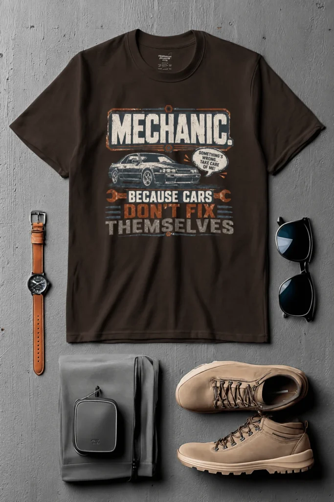 Mechanic Tee — "Mechanic. Because Cars Don't Fix Themselves" Funny Vintage Auto Technician Repair Shirt — brown t-shirt, flat-lay product photo | Pressure Tested Co