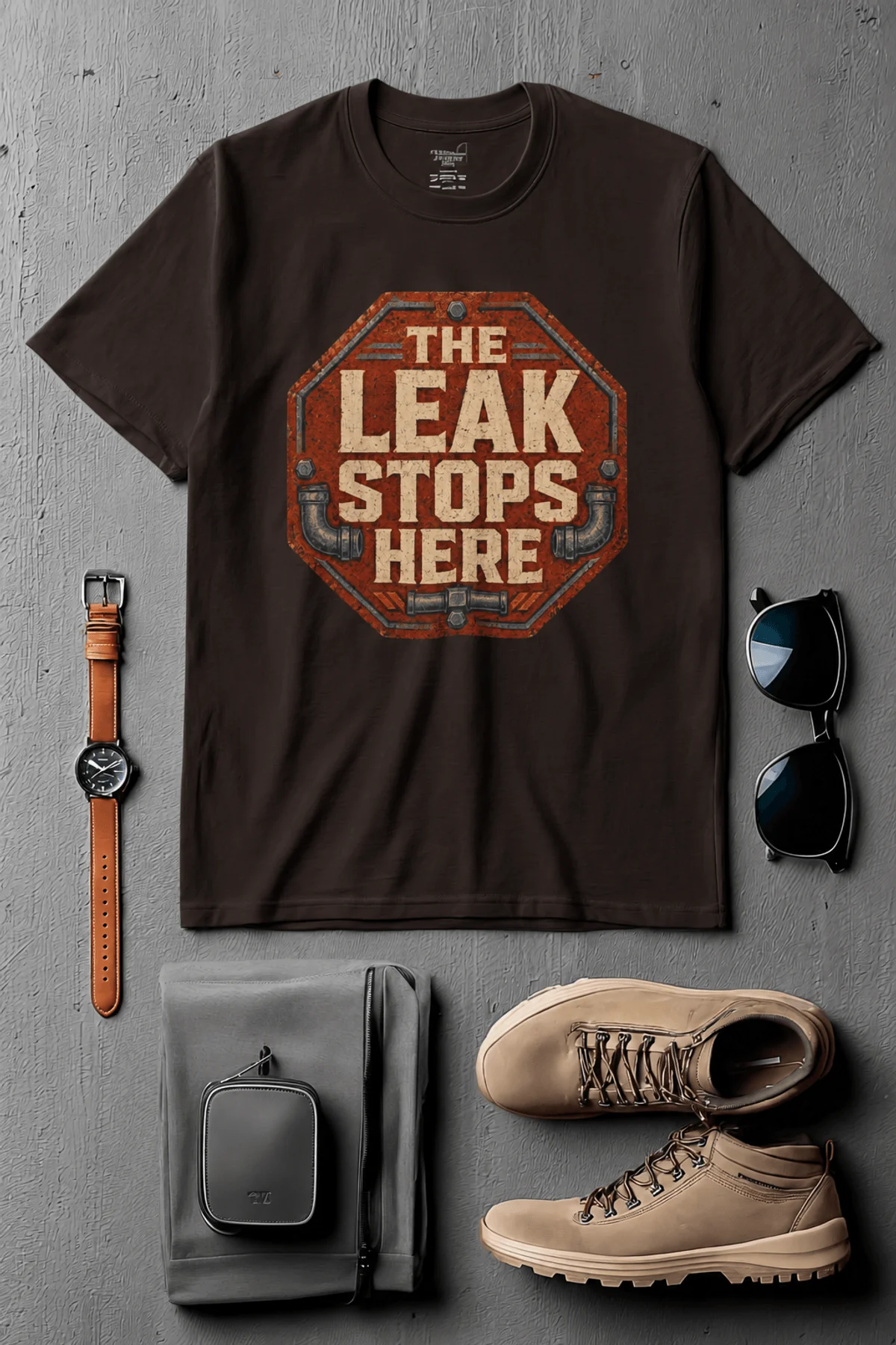 "The Leak Stops Here" Stop Sign Badge Style — Plumbing Repair Tech Humorous Tee — brown t-shirt, flat-lay product photo | Pressure Tested Co