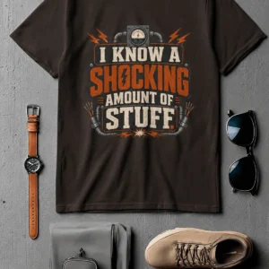 I Know A Shocking Amount Of Stuff T-Shirt — Electrician Science Humorous Tee — brown t-shirt, flat-lay product photo | Pressure Tested Co