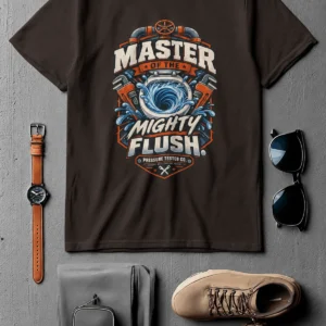 Master of the Mighty Flush T-Shirt — Plumber/Funny Toilet Repair Tee — brown t-shirt, flat-lay product photo | Pressure Tested Co