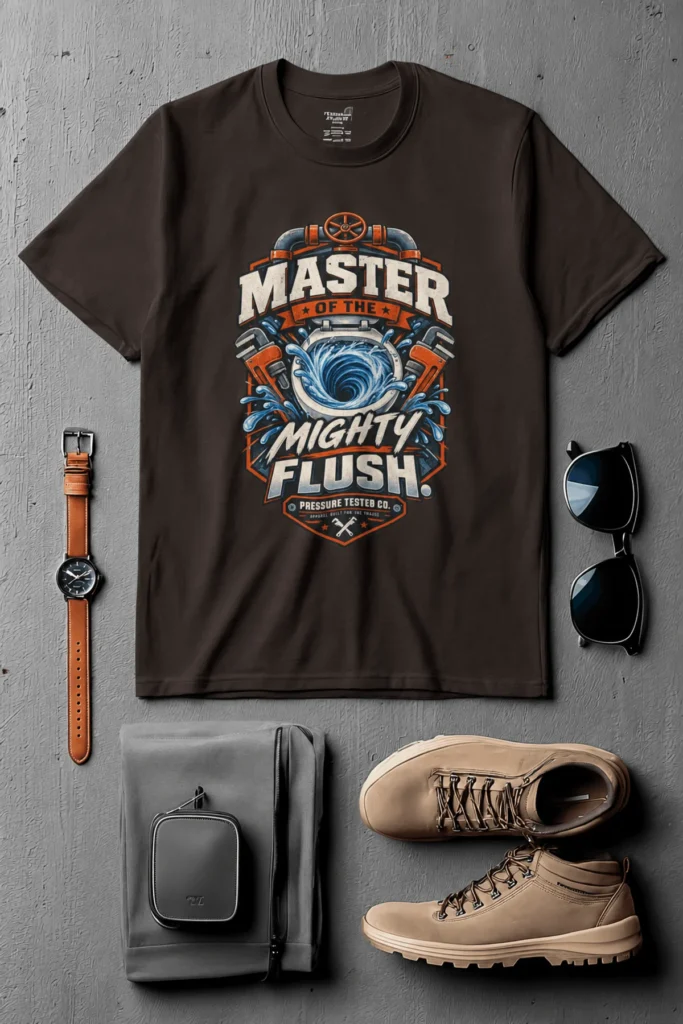Master of the Mighty Flush T-Shirt — Plumber/Funny Toilet Repair Tee — brown t-shirt, flat-lay product photo | Pressure Tested Co