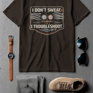 HVAC Tech T-Shirt – "I Don't Sweat. I Troubleshoot." Retro Tech Shirt — brown t-shirt, flat-lay product photo | Pressure Tested Co