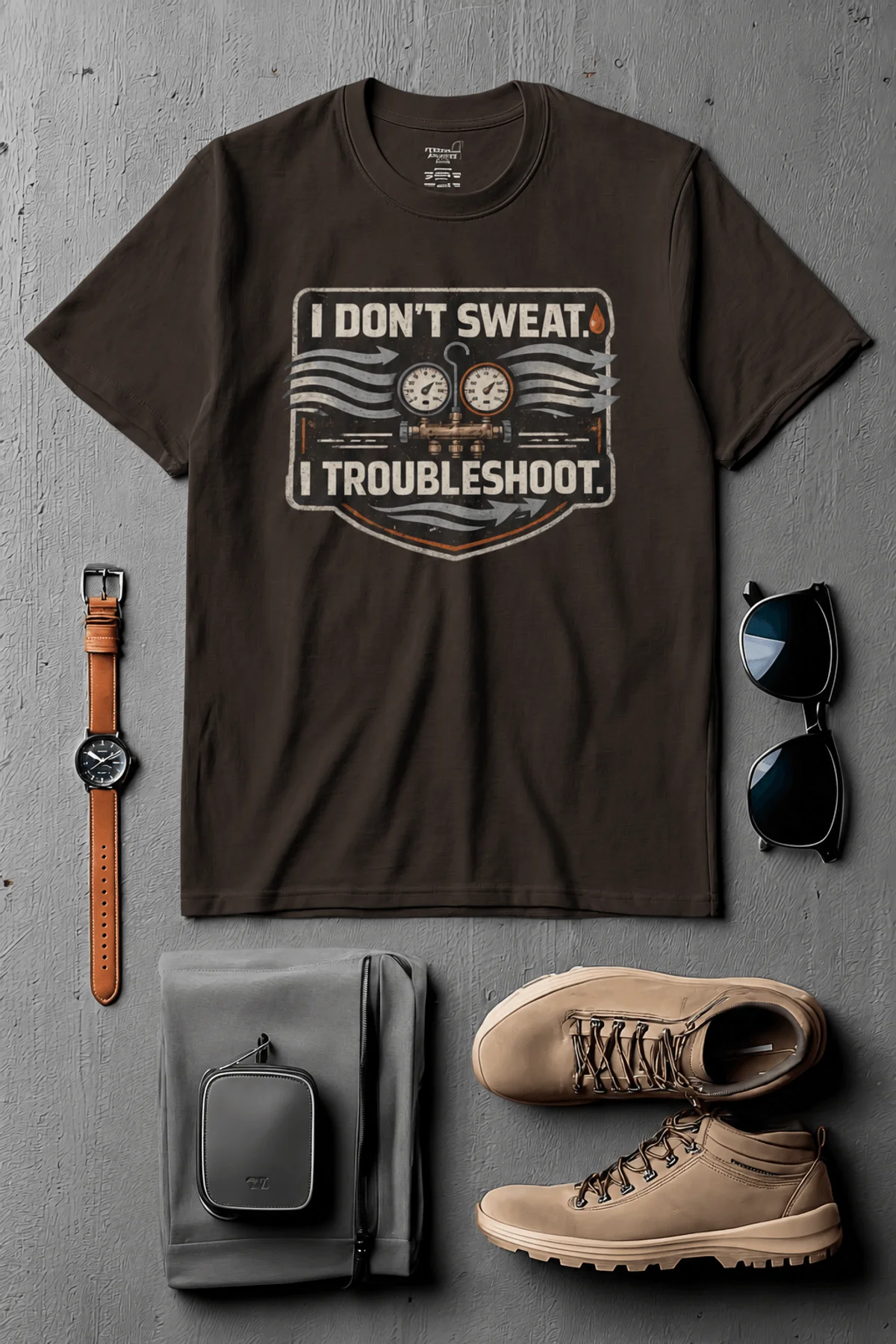 HVAC Tech T-Shirt – "I Don't Sweat. I Troubleshoot." Retro Tech Shirt — brown t-shirt, flat-lay product photo | Pressure Tested Co