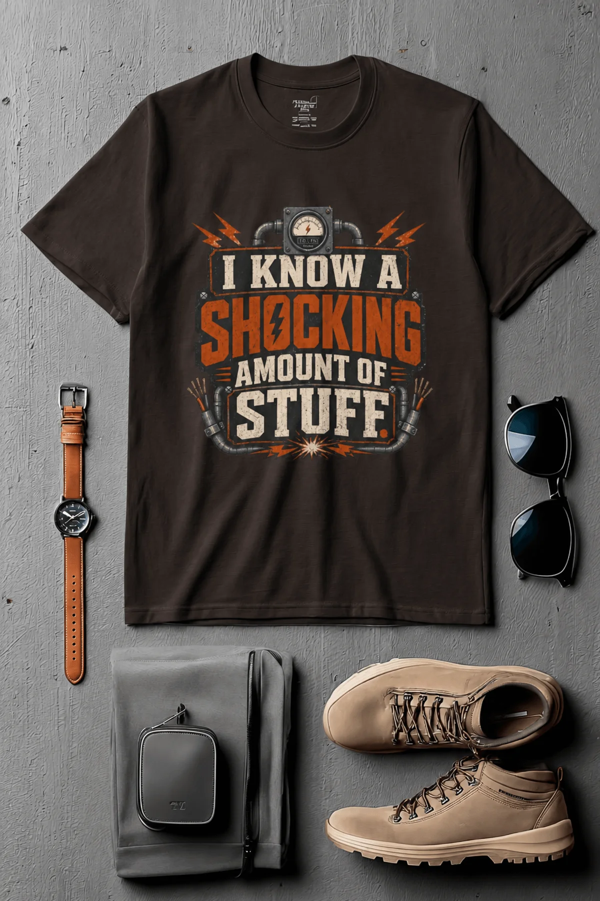 I Know A Shocking Amount Of Stuff T-Shirt — Electrician Science Humorous Tee — brown t-shirt, flat-lay product photo | Pressure Tested Co