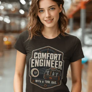 HVAC Tech T-Shirt — "Comfort Engineer" Vintage Tee with a Tool Bag — brown t-shirt, model photo | Pressure Tested Co
