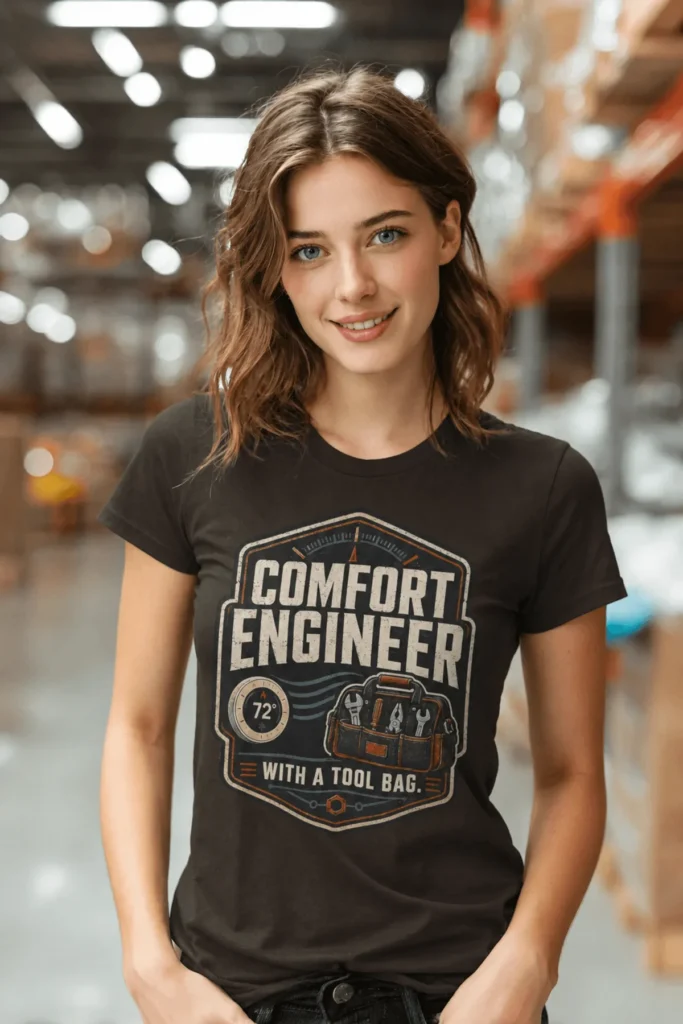 HVAC Tech T-Shirt — "Comfort Engineer" Vintage Tee with a Tool Bag — brown t-shirt, model photo | Pressure Tested Co