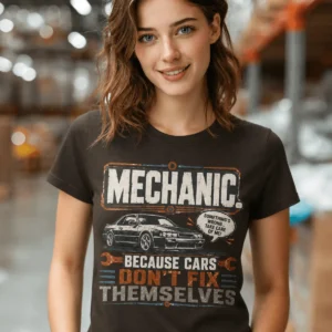 Mechanic Tee — "Mechanic. Because Cars Don't Fix Themselves" Funny Vintage Auto Technician Repair Shirt — brown t-shirt, model photo | Pressure Tested Co