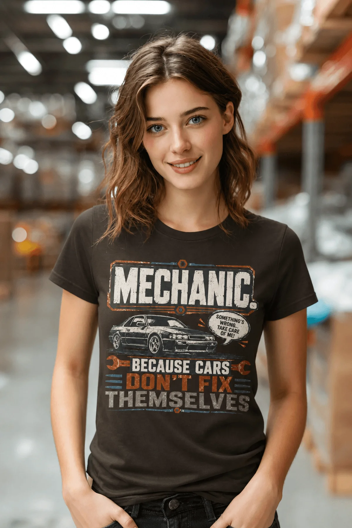 Mechanic Tee — "Mechanic. Because Cars Don't Fix Themselves" Funny Vintage Auto Technician Repair Shirt — brown t-shirt, model photo | Pressure Tested Co