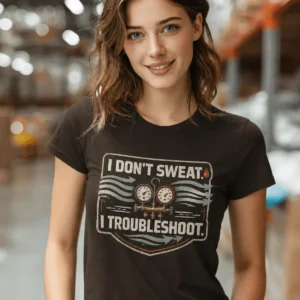 HVAC Tech T-Shirt – "I Don't Sweat. I Troubleshoot." Retro Tech Shirt — brown t-shirt, model photo | Pressure Tested Co