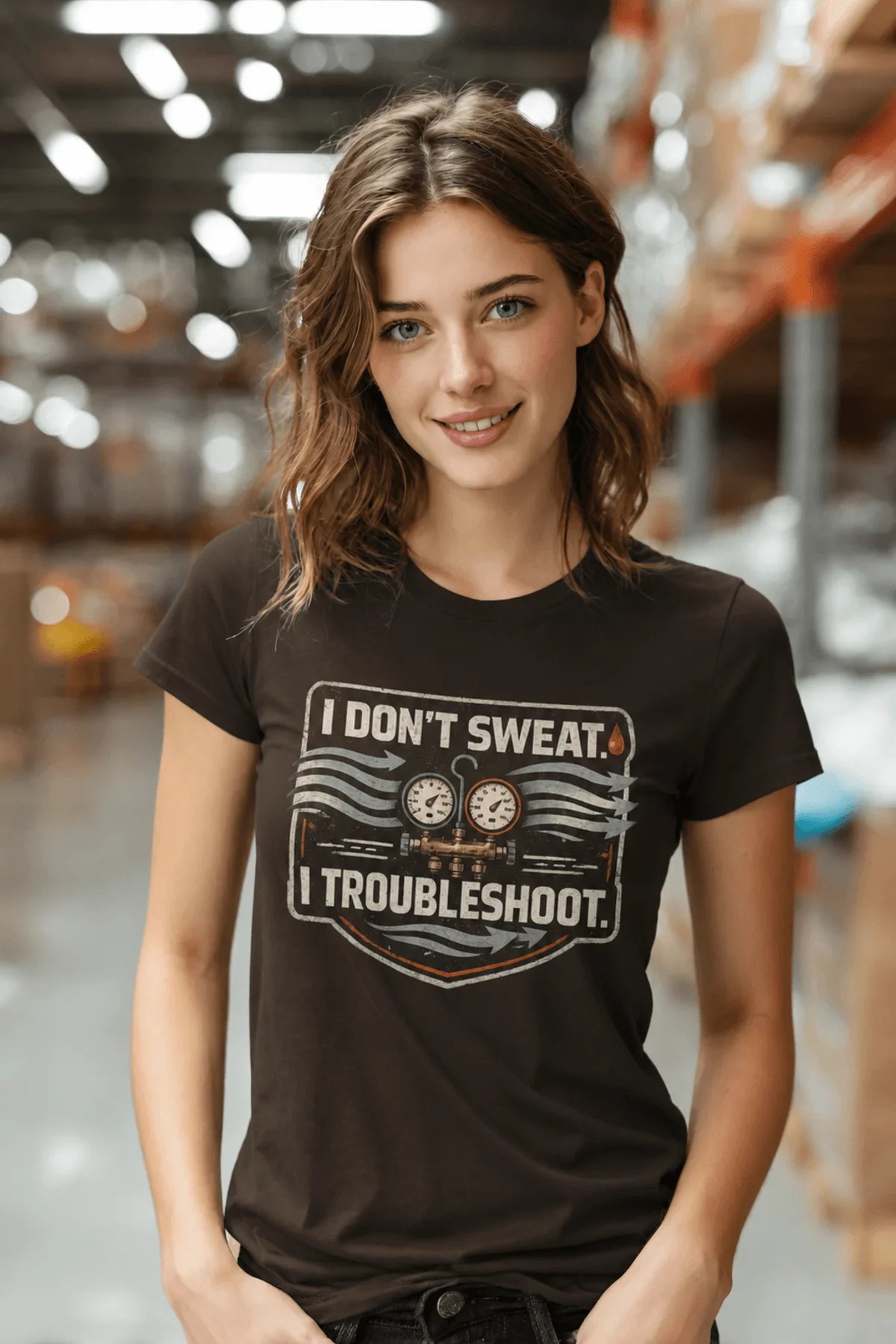 HVAC Tech T-Shirt – "I Don't Sweat. I Troubleshoot." Retro Tech Shirt — brown t-shirt, model photo | Pressure Tested Co