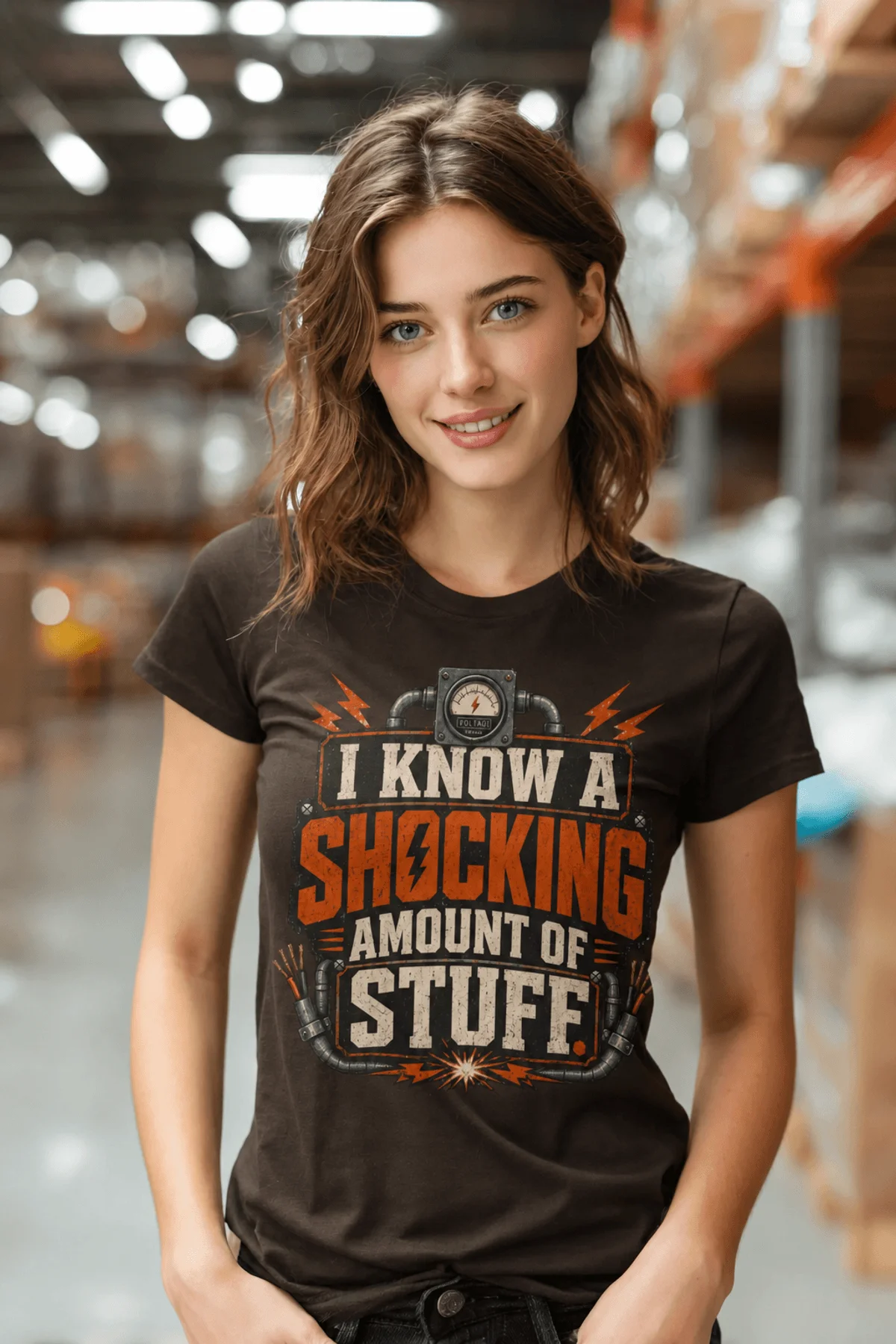 I Know A Shocking Amount Of Stuff T-Shirt — Electrician Science Humorous Tee — brown t-shirt, model photo | Pressure Tested Co