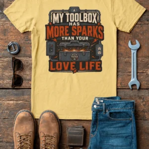 T-Shirt — "My Toolbox Has More Sparks Than Your Love Life" Electrician/Mechanic Workshop Tee — butter t-shirt, flat-lay product photo | Pressure Tested Co
