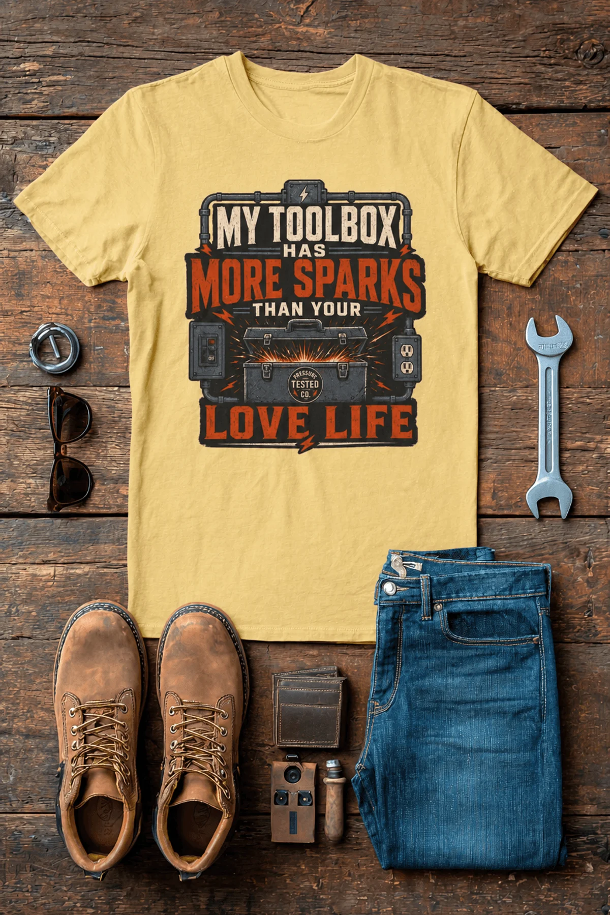 T-Shirt — "My Toolbox Has More Sparks Than Your Love Life" Electrician/Mechanic Workshop Tee — butter t-shirt, flat-lay product photo | Pressure Tested Co