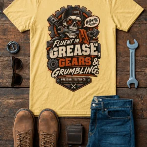 Mechanic Skull T-Shirt — "Fluent in Grease, Gears and Grumbling" Graphic Tee — butter t-shirt, flat-lay product photo | Pressure Tested Co