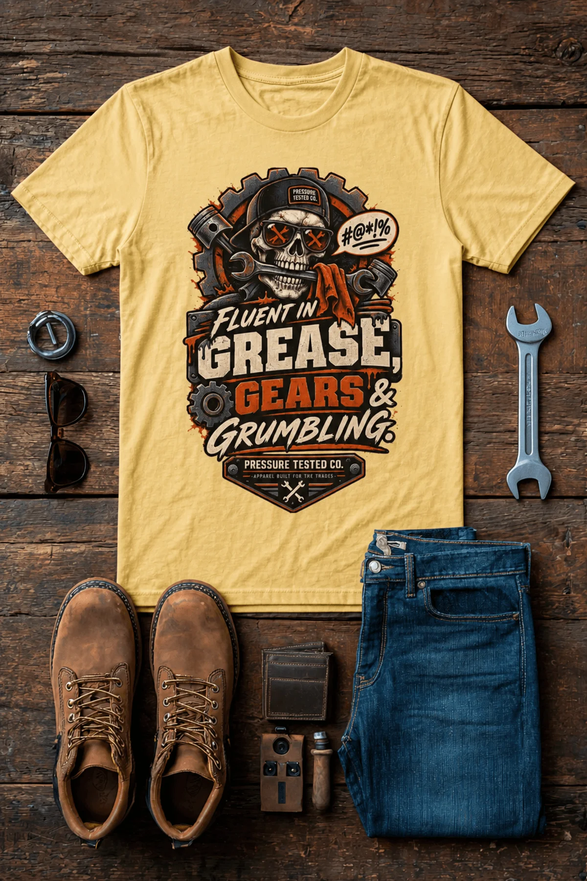 Mechanic Skull T-Shirt — "Fluent in Grease, Gears and Grumbling" Graphic Tee — butter t-shirt, flat-lay product photo | Pressure Tested Co