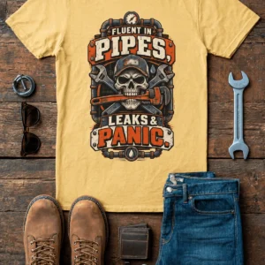 Plumber Skull T-Shirt — "Fluent in Pipes, Leaks and Panic" Workwear Tee — butter t-shirt, flat-lay product photo | Pressure Tested Co