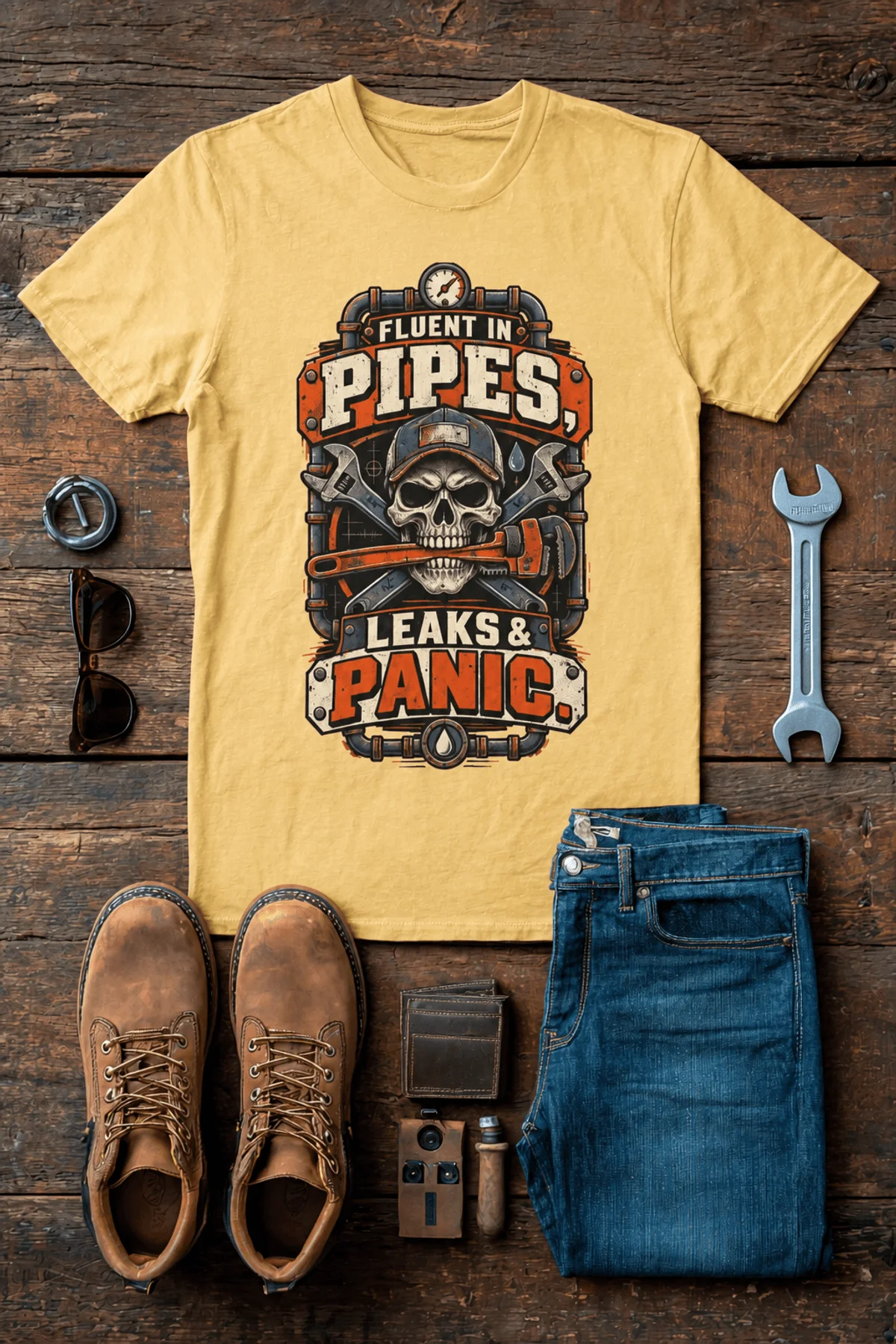 Plumber Skull T-Shirt — "Fluent in Pipes, Leaks and Panic" Workwear Tee — butter t-shirt, flat-lay product photo | Pressure Tested Co