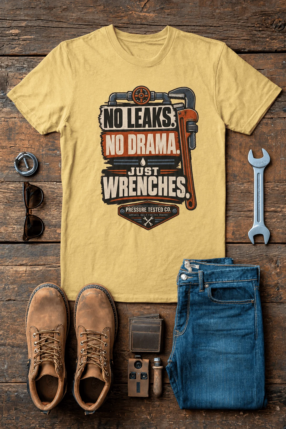 "No Leaks, No Drama, Just Wrenches" Vintage Plumbing Tee — butter t-shirt, flat-lay product photo | Pressure Tested Co