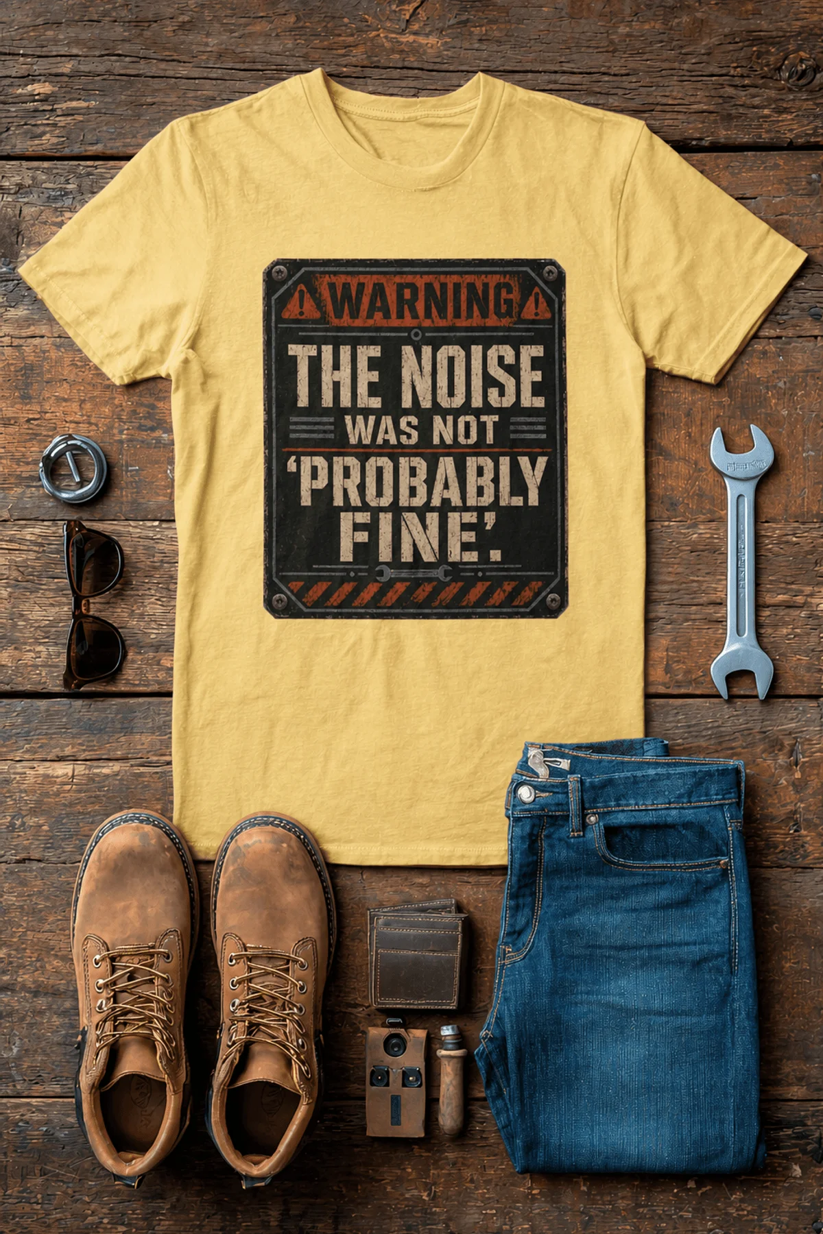 Warning Sign T-Shirt — "The Noise Was Not 'Probably Fine'" Vintage Graphic Tee — butter t-shirt, flat-lay product photo | Pressure Tested Co